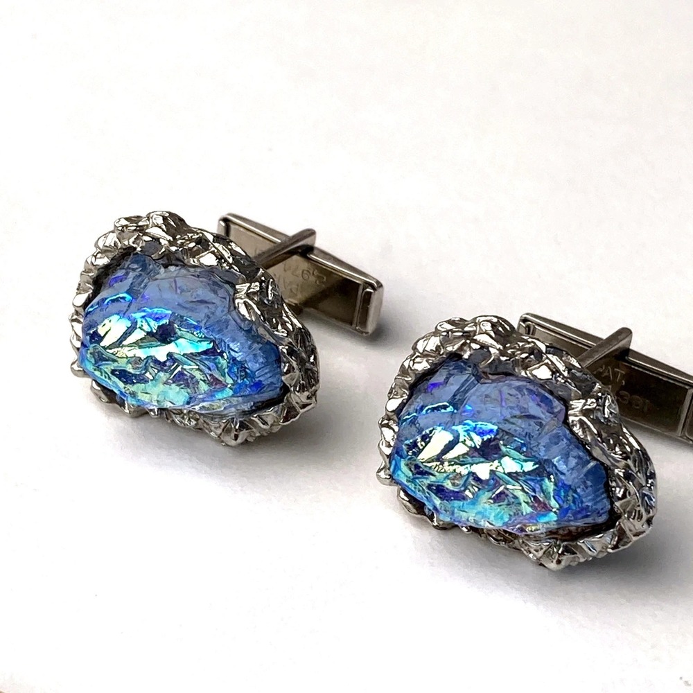 Vintage Blue Nugget Silver Tone Cufflinks‎ Pat. 2.974.381 Classic Retro Mens